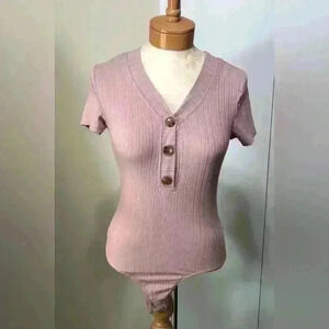 Pink Rose Women Junior Faded Mauve Ribbed Stretch Faux Buttons Body Suit Medium